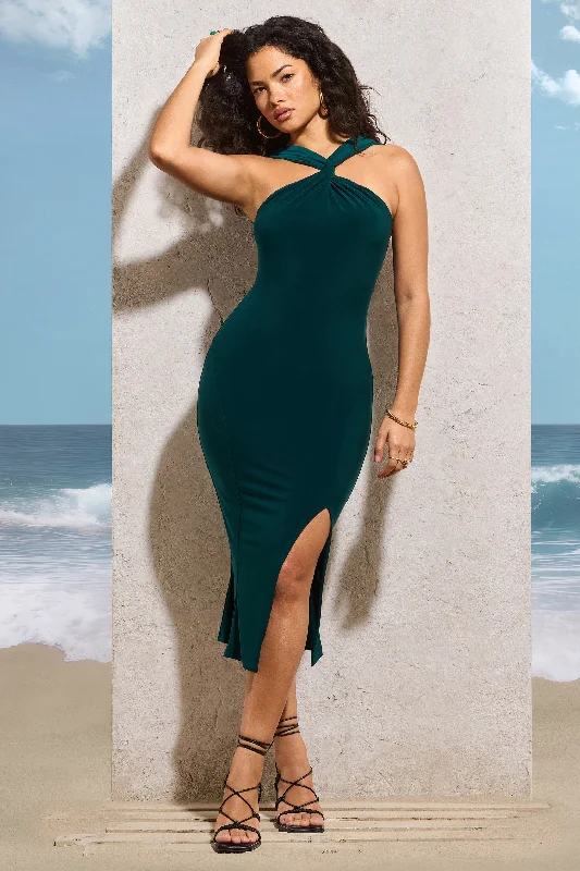 Trendy Pulse Sadira | Bottle Green Twist-Neck Split Midi Dress Modern Glamour