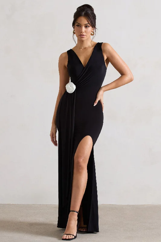 Edgy Fashion Deals Endora | Black Split Maxi Dress With Corsage & Drape Bold Patterns