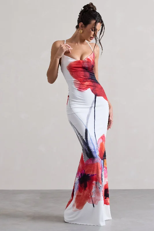 Contemporary Fashion Sale Tamia | White Poppy Print Cowl-Neck Maxi Dress Romantic Date - Night Ensemble