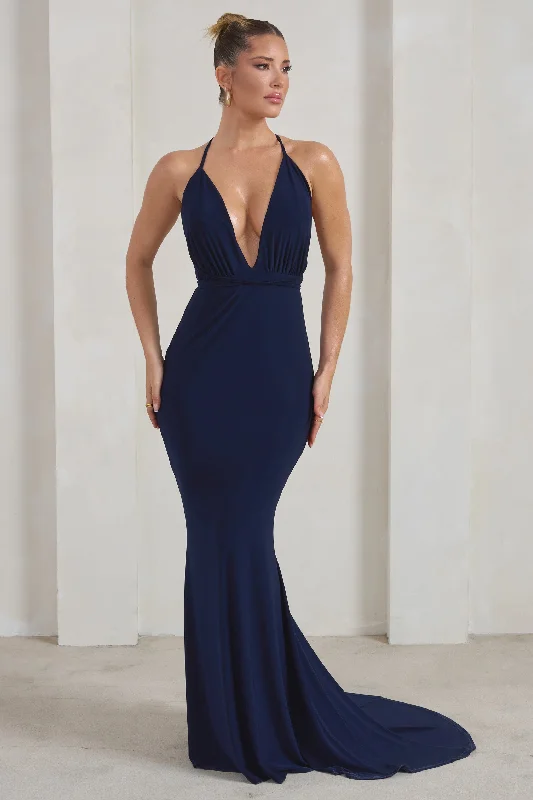 Hot Items Starlet |  Navy Plunge Maxi Dress With Multiway Straps Final Clearance