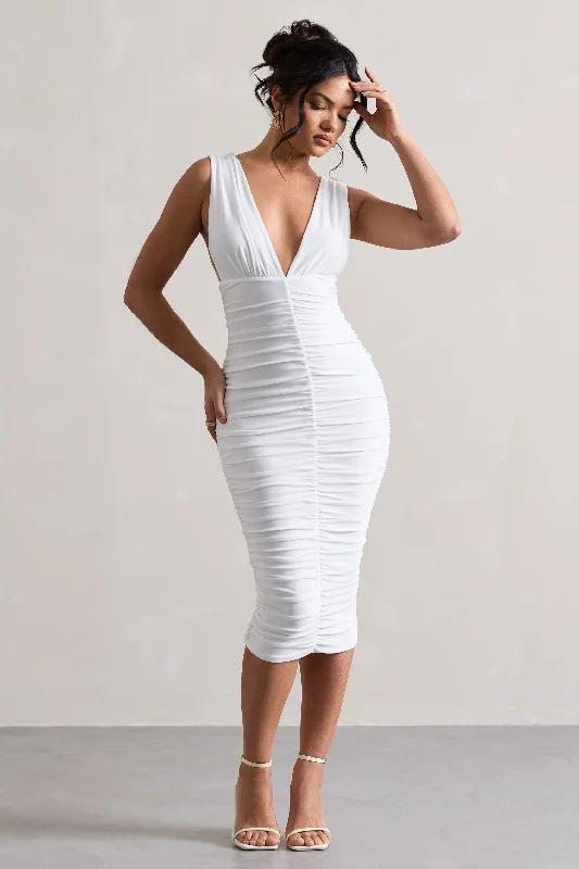 Budget Friendly Attract | White Ruched Plunge-Neck Midi Dress Grab Romantic Date - Night Styles Now