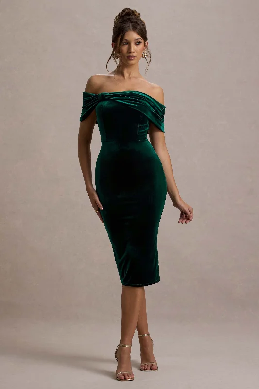 Affordable Luxury Fashion Snowflake | Bottle Green Velvet Bardot Bow Detail Midi Dress Romantic Flair