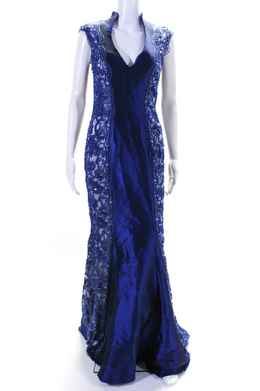 Discover Now Mac Duggal Womens Back Zip Sleeveless Lace Beaded V Neck Gown Blue Contemporary Elegance