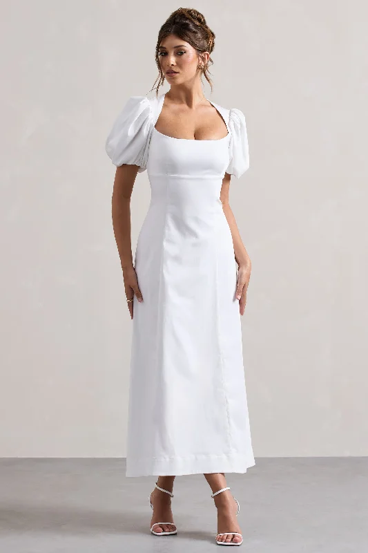 Sporty Fashion Offers Hacienda | White Poplin Puff-Sleeve Maxi Dress Elegant Contour