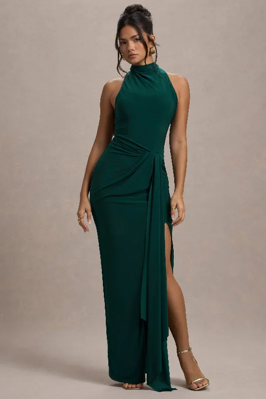 Casual Chic Deals Khari | Bottle Green High-Neck Twisted Maxi Dress With Drape Art Deco Geometric Pattern Look