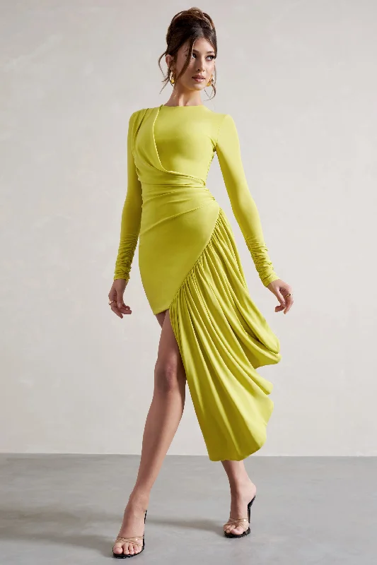 Save Big Tate | Lime Green Long-Sleeve Wrap Mini Dress With Drape Weekend Special