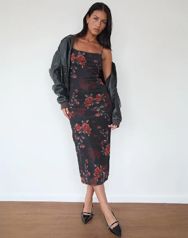 Exclusive Fashion Deals Nori Midi Dress in Watercolour Rose Black Flowy Fabric