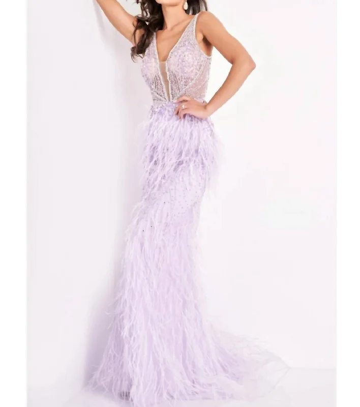 Limited Stock Beaded And Feather Gown In Lilac Vintage Retro Party Wear