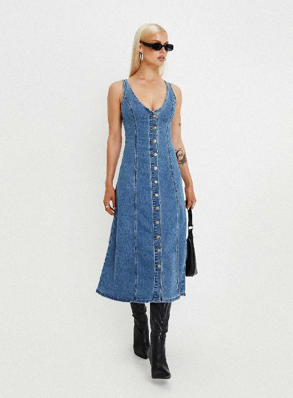 Effortless Style, Endless Impact Midler Denim Midi Dress Mid Blue Modern Romance