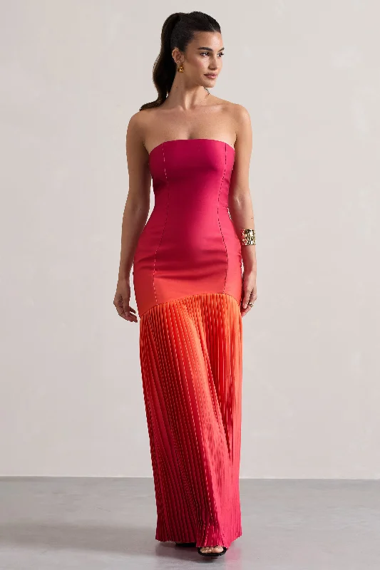 Bold Style Discounts California | Pink & Orange Ombre Bandeau Plisse Maxi Dress Romantic Detailing