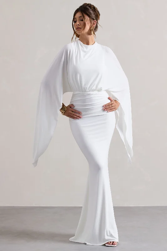 Romantic Fashion Discounts Shea | White High-Neck Cape Sleeve Maxi Dress Fashion-Forward Style