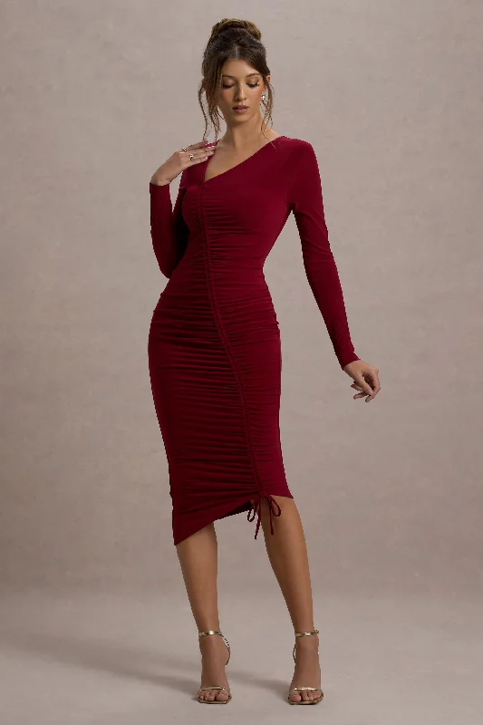 New Season Fashion Preview Sale Lilia | Berry Ruched Asymmetric Midi Dress Chic Sophistication