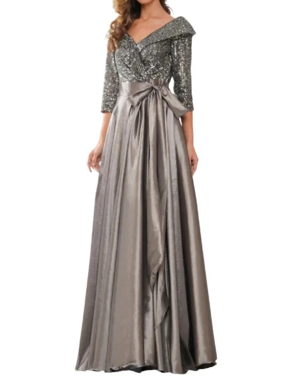 Exclusive Discount Off-Shoulder Sequin & Taffeta Gown In Charcoal Modern Romance