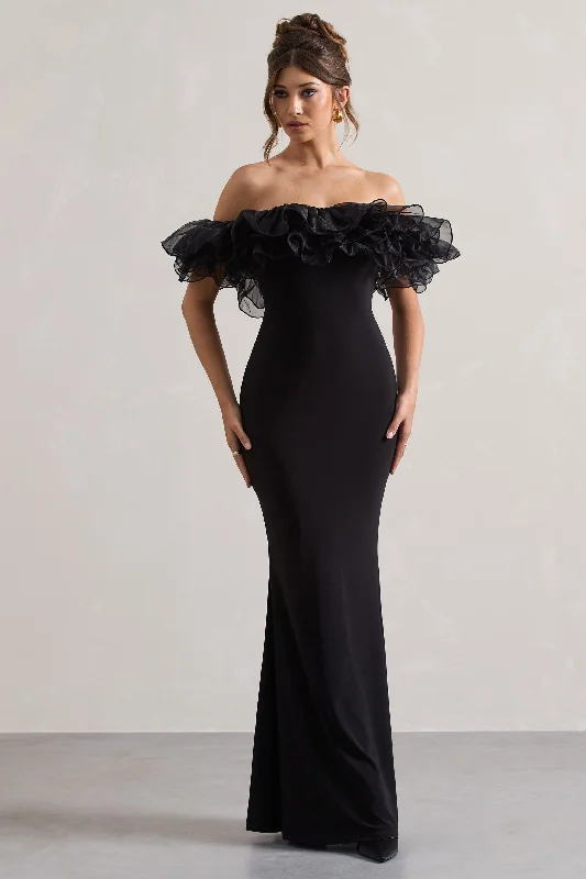 Glamorous Fashion Offers Meryl | Black Strapless Maxi Dress With Organza Trim Vintage Elegance