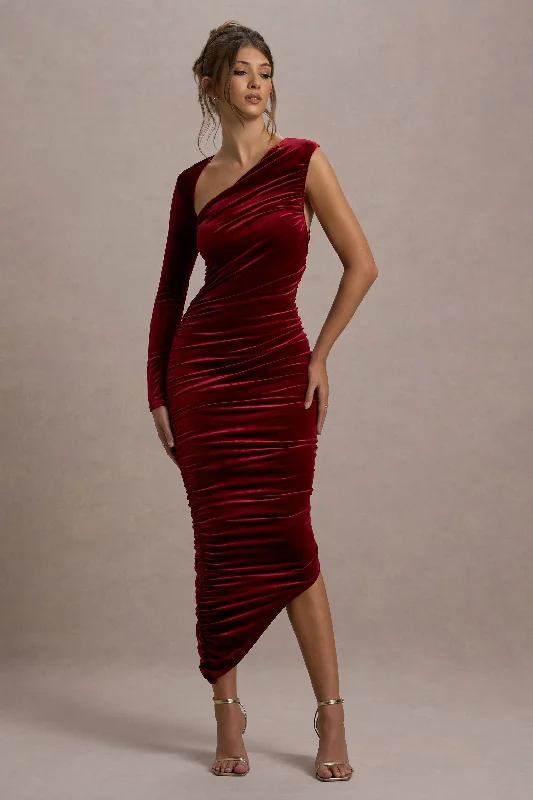 Special Offers, Don't Miss Northern Light | Berry Velvet Asymmetric One-Sleeved Midi Dress Today Only