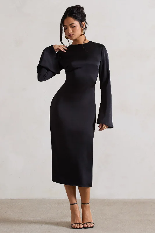 Urban Elegance Deals Zaina | Black Long Sleeve Midi Dress with High Neckline Playful Elegance