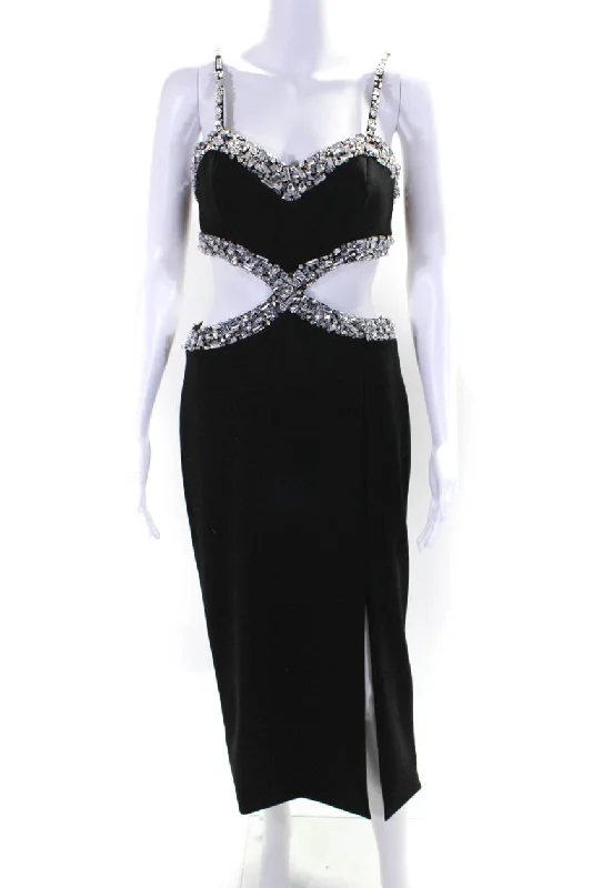 Don't Miss Out PatBO Womens Jeweled Cut Out Waist Sleeveless Evening Gown Black Graceful Drape