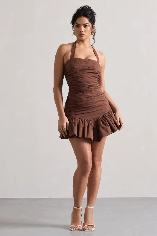 Minimalist Fashion Sale Zahra | Chocolate Brown Halter-Neck Ruched Mini Dress With Ruffle Hem Y2K Nostalgic Fashion Look