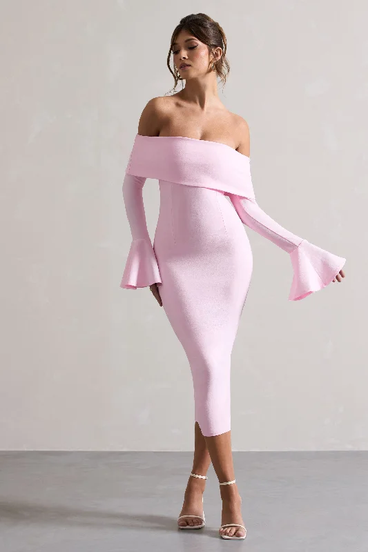 Ends Soon Emma | Pink Bardot Flared-Sleeve Midi Dress Y2K Nostalgic Fashion Look