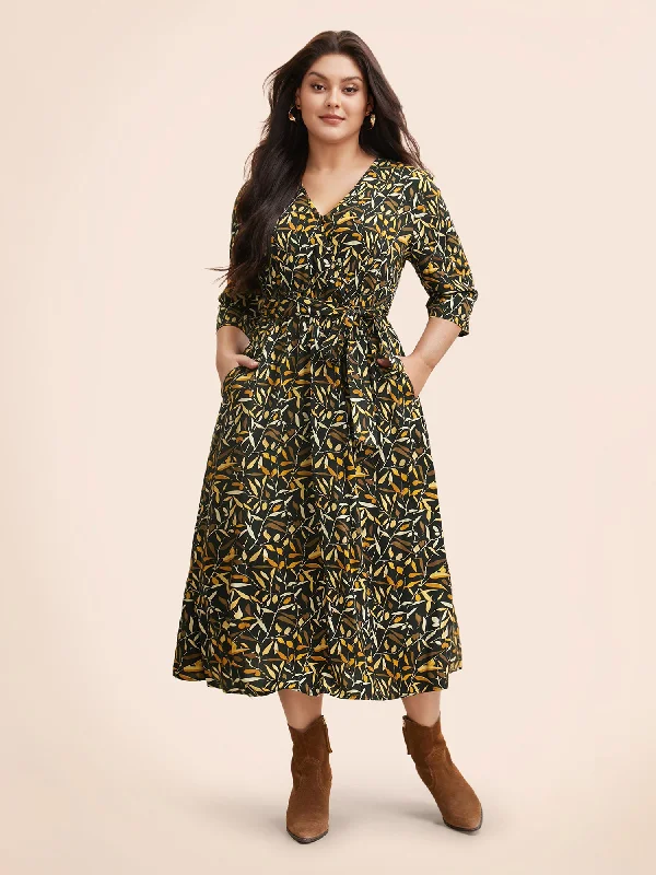 Fall Sale, Prices Drop Plants Print Overlap Collar Midi Dress Vibrant Prints