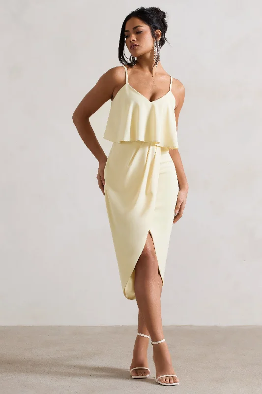 Chic & Modern Sales Faro | Lemon Strappy Draped-Neck Wrap Midi Dress Contemporary Elegance