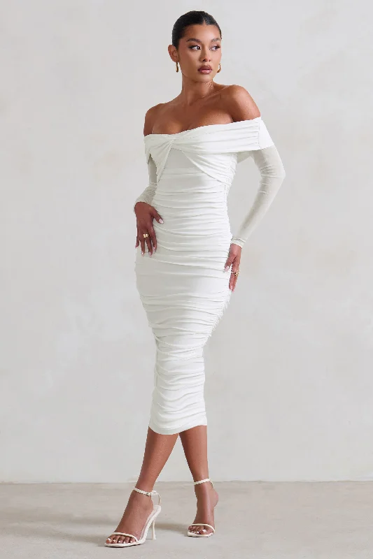 Elegant Fashion Offers Neva | White Bardot Twist Midi Dress Timeless Elegant