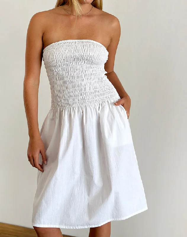 Vintage-Modern Style Offers Belesi Bandeau Midi Dress in Poplin White Classic Timeless Elegant Style