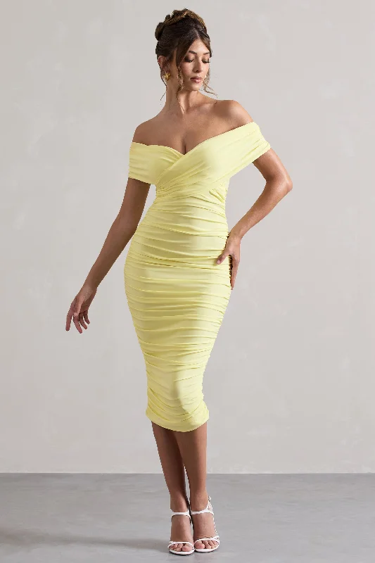 Feminine Style Promotions Unwrapped | Lemon Ruched Twist Bardot Midi Dress Vintage Elegance