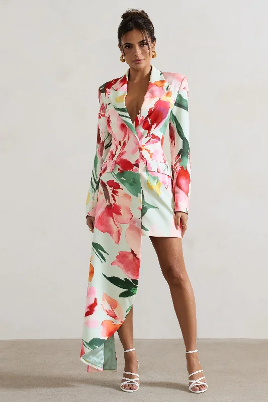 Chic & Modern Sales Spiral | Mint Floral Tailored Blazer Mini Dress With Asymmetric Hem Graceful Movement