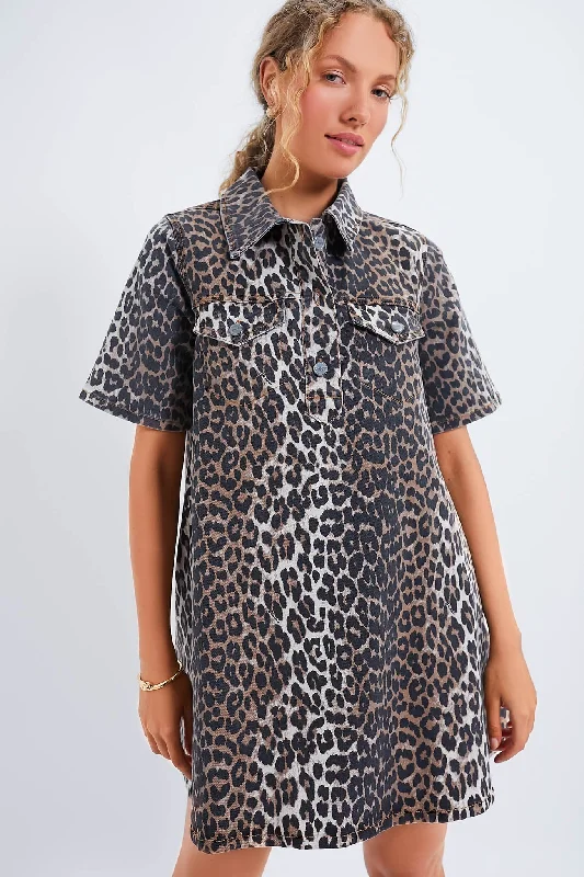 Modern Chic Discounts Leopard Print Denim Mini Dress Timeless Elegant