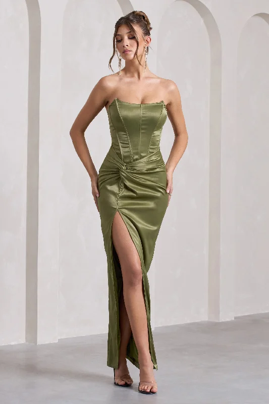 Premium Fashion Romancing | Olive Thigh Split Corset Strapless Maxi Dress Artful Design