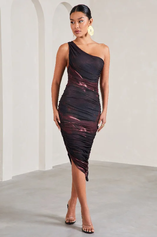 Hot Deals Dorit | Plum Print One Shoulder Asymmetric Ruched Midi Dress Feminine Flow