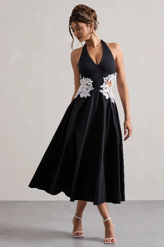 Glamorous Fashion Offers Windermere | Black Plunge Midi Dress With Floral Cut-Out Refined Look