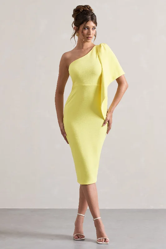 Massive Savings Carlana | Lemon Asymmetric Midi Dress With Ruffled Drape Boho - Chic Festival - Ready Style