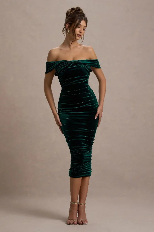 Feminine Luxe Style Sale Gratitude | Bottle Green Velvet Off The Shoulder Ruched Midi Dress Casual Weekend Relaxed Style