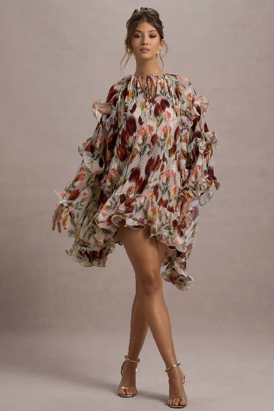 New In This Season Abelia | Cream Floral Print High-Neck Cape-Sleeve Chiffon Mini Dress Disco - Inspired Retro Dance Look