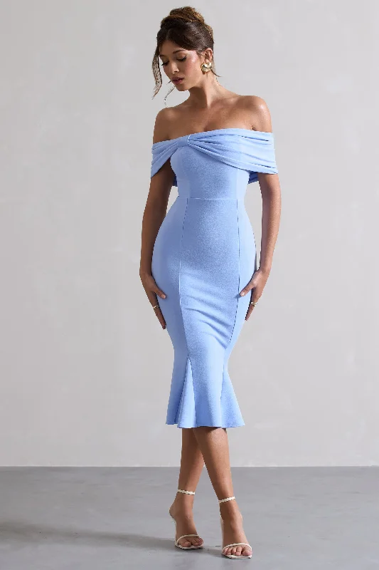 Contemporary Chic Promotions Lydia | Sky Blue Bardot Bow Detail Midi Dress Lightweight Fabric