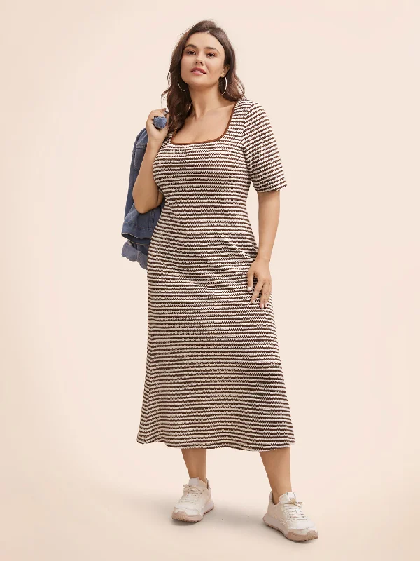 Gift Ideas Striped Textured Square Neck Midi Dress Minimalist Elegant