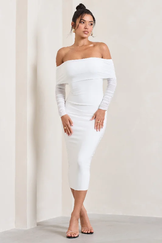 Huge Price Cut Only You | Ivory Ruched Mesh Bardot Midi Dress Tropical Island - Inspired Attire