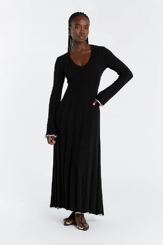 Holiday Attire Sale FLORA BLACK V NECK KNIT MIDI DRESS Effortless Grace