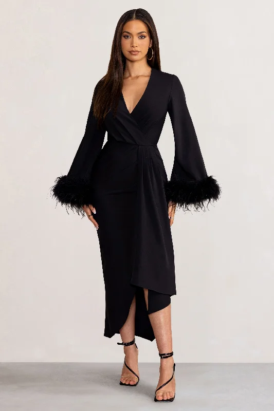 Luxury Casual Deals Jenna | Black Plunge Midi Dress with Feather Trim Wide Sleeves and Front Tie Drape Statement Piece