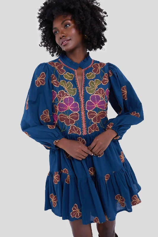 Luxury Fashion Almay Blue Long Sleeve Yoke Mini Dress Ethnic Cultural Event Wear