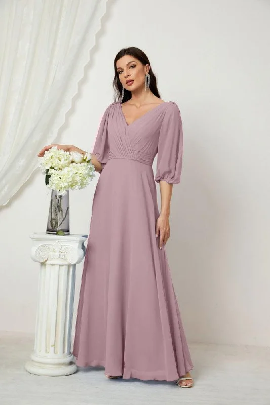 Cozy Chic Promotions Numbersea  Formal Prom Gown Women V-Neck Chiffon Bridesmaid Dresses Long Bishop Sleeve Party Dress 2807 Contemporary Elegance