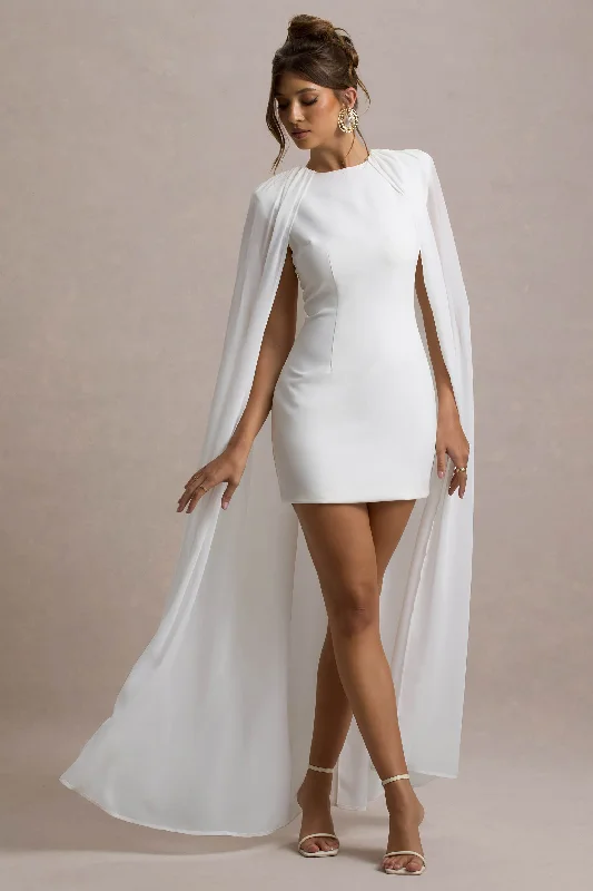 Ends Soon Elysium | White Bodycon Mini Dress With Chiffon Cape Rustic Countryside Charm Look