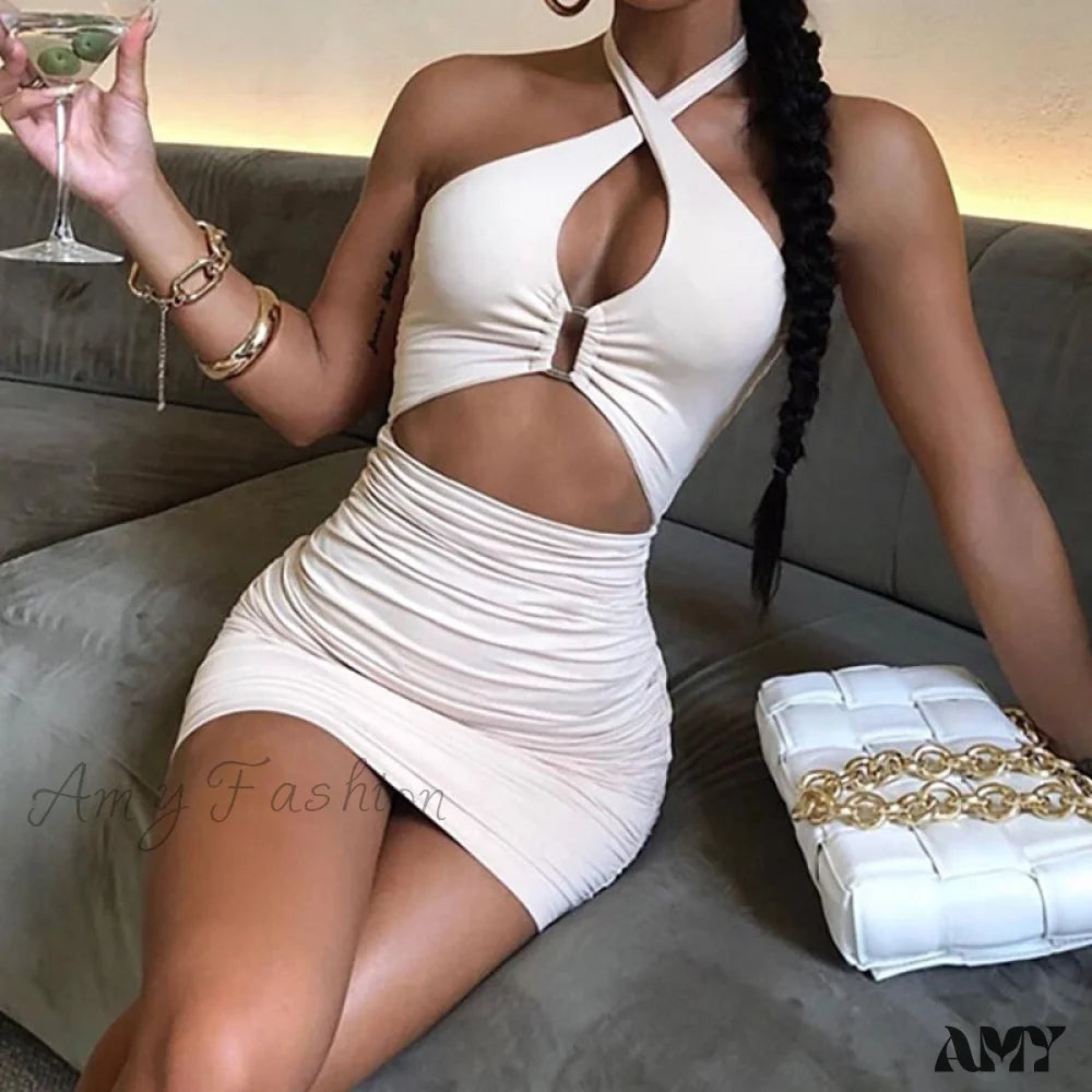 Luxury Fashion Amy Fashion - Hot Girl Party Sleeveless Hollow Out Bodycon Mini Dress Alluring Design