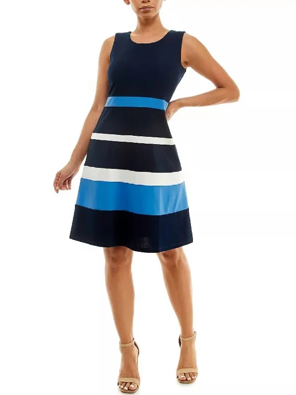 Ends Soon Sleeveless Jewel Neck Colorblock Dress In Navy/waterfall/ivory Refined Simplicity