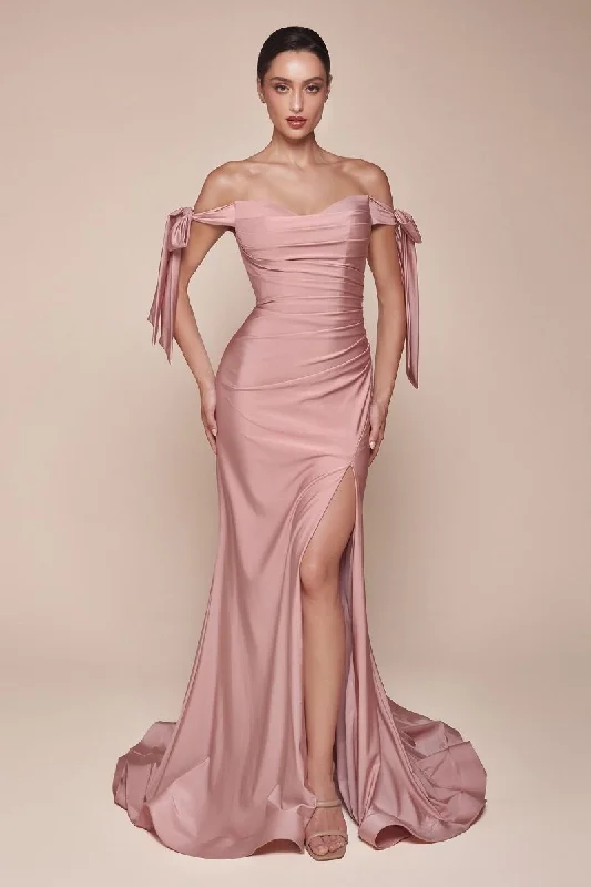 New In This Season Stretch Jersey Gathered Off or On Shoulder Bodice Leg Slit Long Prom & Bridesmaid Dress CDCD943 Coastal Beach - Inspired Style