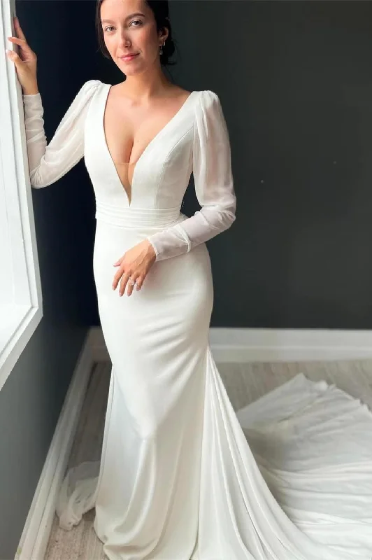 Relaxed Style White Plunge V Backless Mermaid Long Wedding Dress Chic Allure