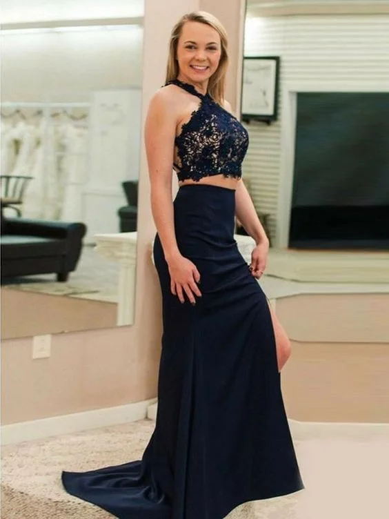 Feminine Luxe Style Sale Mermaid Cross Neck Sleeveless Two Pieces Navy Blue Long Prom Dresses cg5108 Boho Chic