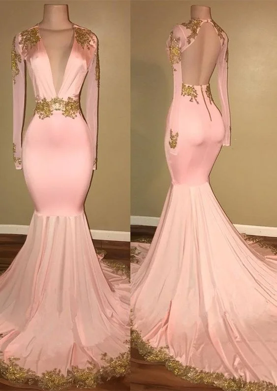 Dive Into Trendy Styles Pink V Neck Long Sleeves Mermaid Prom Dresses Affordable Evening Dresses   cg15969 Sleek Design